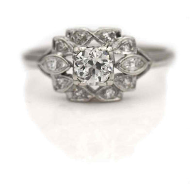 Art Deco Old Mine Cut Diamond Halo Engagement Ring with Navette Side Stones