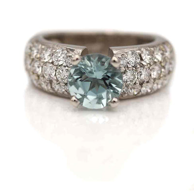Vintage 1.50 Carat Round Cut Aquamarine and Diamond Pave Engagement Ring