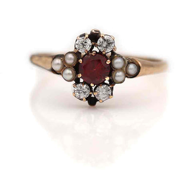 Victorian Garnet Diamond & Pearl Engagement Ring