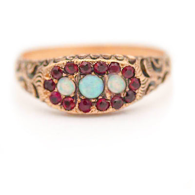 Victorian .60 CTW Opal Garnet Vintage Gemstone Engagement Ring