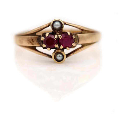 Vintage Round Cut Ruby & Pearl Engagement Ring