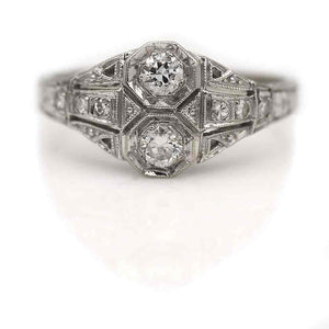 Art Deco Twin Stone Old European Cut Diamond Engagement Ring