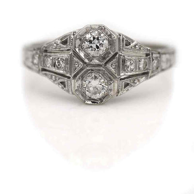Art Deco Twin Stone Old European Cut Diamond Engagement Ring