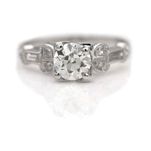 Art Deco .95 CTW Old European Cut Diamond Vintage Engagement Ring Side Baguettes GIA J/SI1