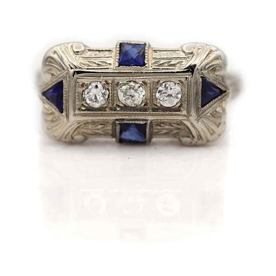 Vintage Old European Cut Diamond & Sapphire Engagement Ring