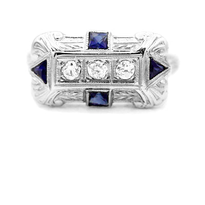 Art Deco .60 CTW Old European Cut Diamond Antique Sapphire Engagement Ring