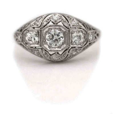 Edwardian Three Stone Old Mine Cut Diamond Engagement Ring