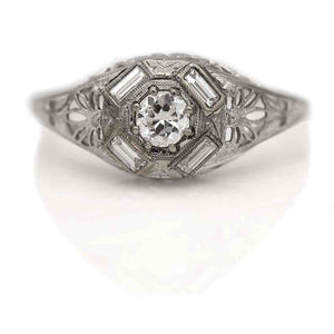 Art Deco .50 CTW Old European Cut Diamond Baguette Vintage Engagement Ring