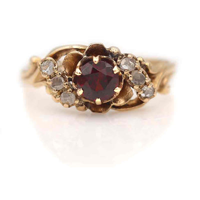 Victorian Round Cut Garnet and Rose Cut Diamond Engagement Ring