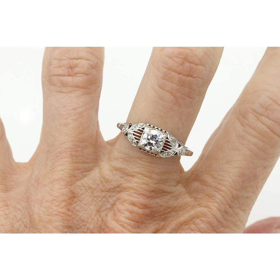 Art Deco GIA diamond engagement ring .65 CTW old European cut in 18K white gold worn on hand
