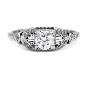 Art Deco old European cut diamond engagement ring GIA certified E SI2 in 18K white gold geometric square frame with milgrain detailing circa 1930s