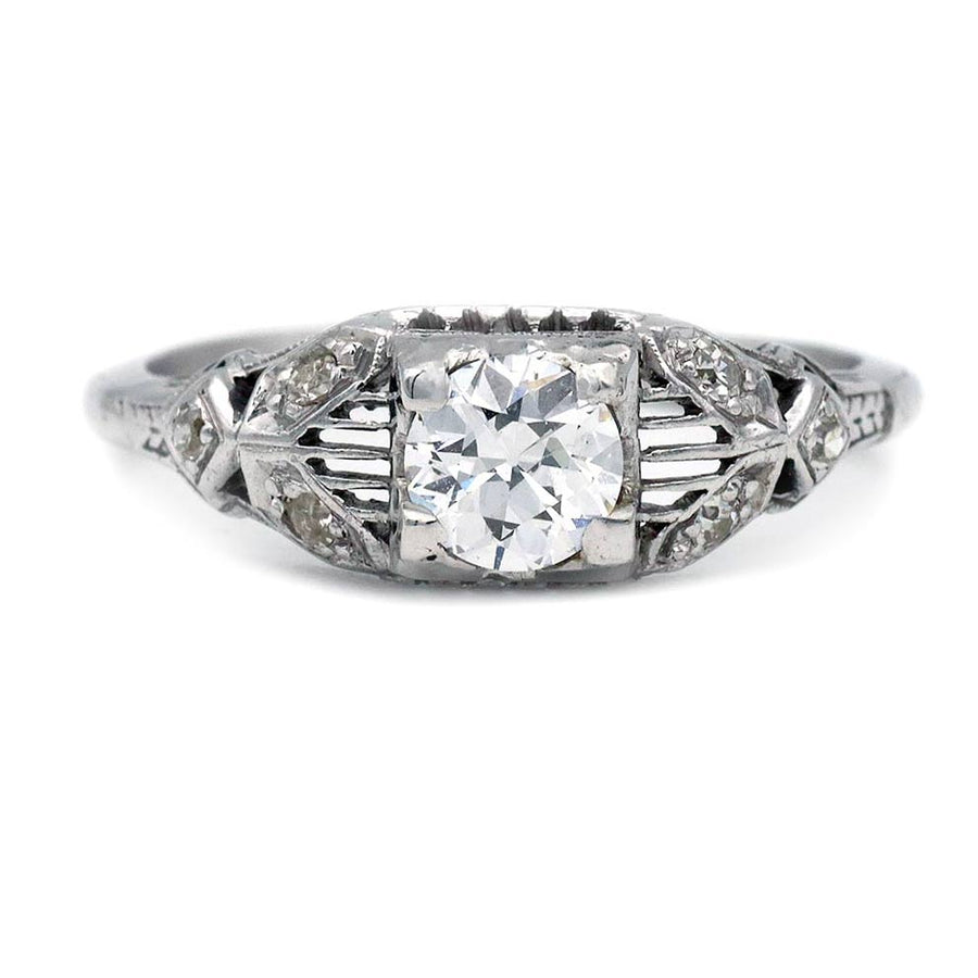Art Deco old European cut diamond engagement ring GIA certified E SI2 in 18K white gold geometric square frame with milgrain detailing circa 1930s