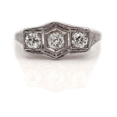 Art Deco Three Stone Old Mine Cut Diamond Engagement Ring