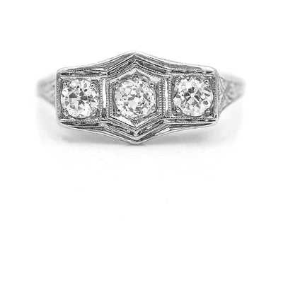 Art Deco .75 CTW Three Stone Old Mine Cut Diamond Engagement Ring