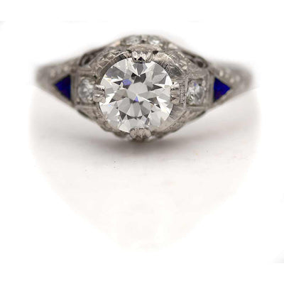 Classic Art Deco Engagement Ring Old European Cut Diamond with Sapphires .87 Carat GIA H/VS2