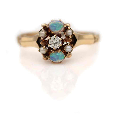 Victorian Opal Transitional Cut Diamond & Pearl Engagement Ring