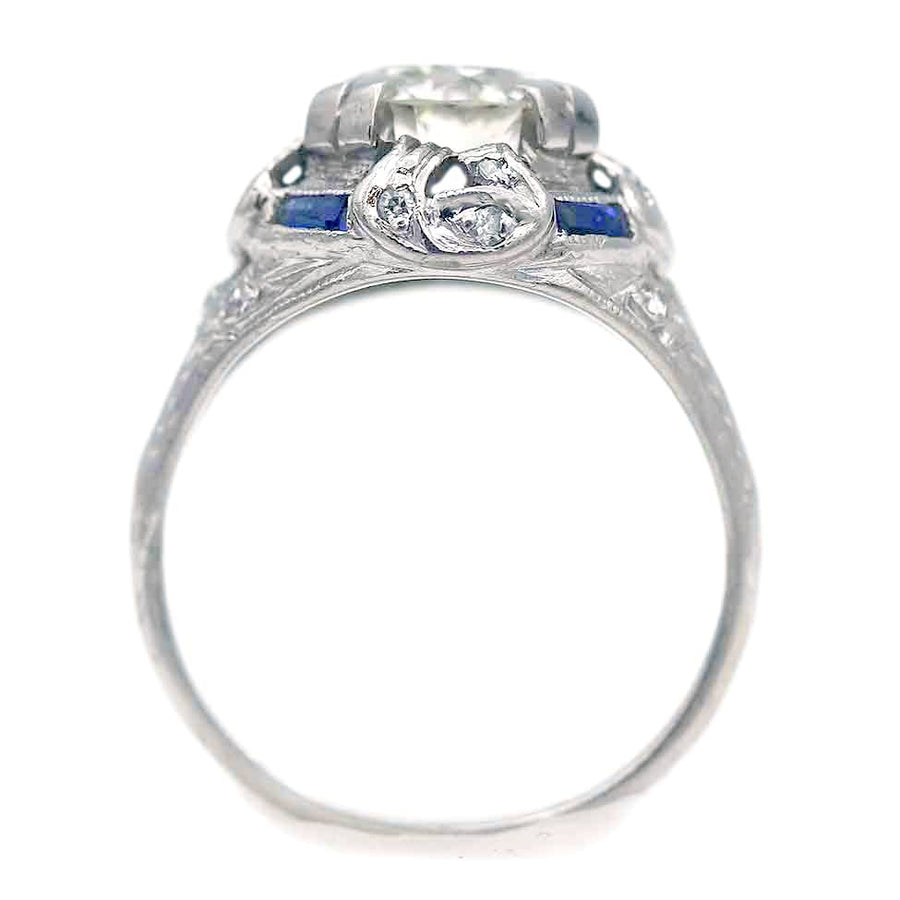 Art Deco Old European Cut Diamond & Sapphire Engagement Ring 1.83 CT Platinum GIA K/I1 Circa 1930s