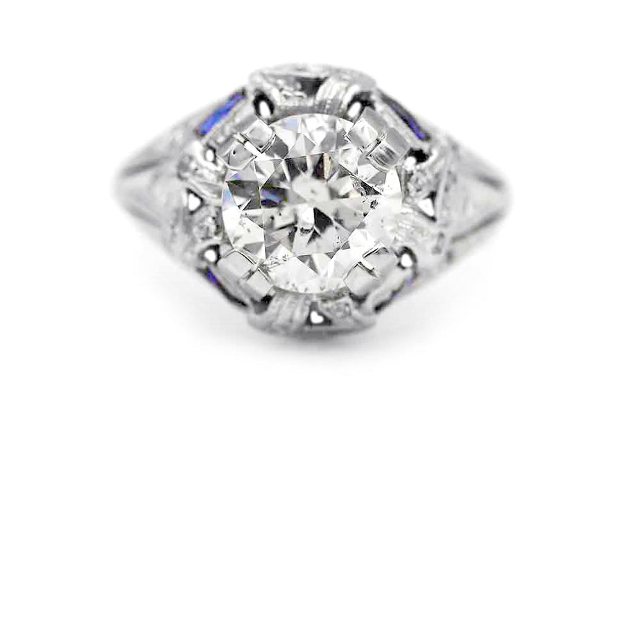 Art Deco Old European Cut Diamond & Sapphire Engagement Ring 1.83 CT Platinum GIA K/I1 Circa 1930s