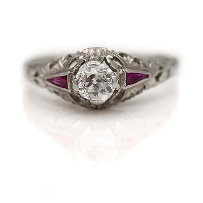 Art Deco Old Mine Cut Diamond & Ruby Engagement Ring