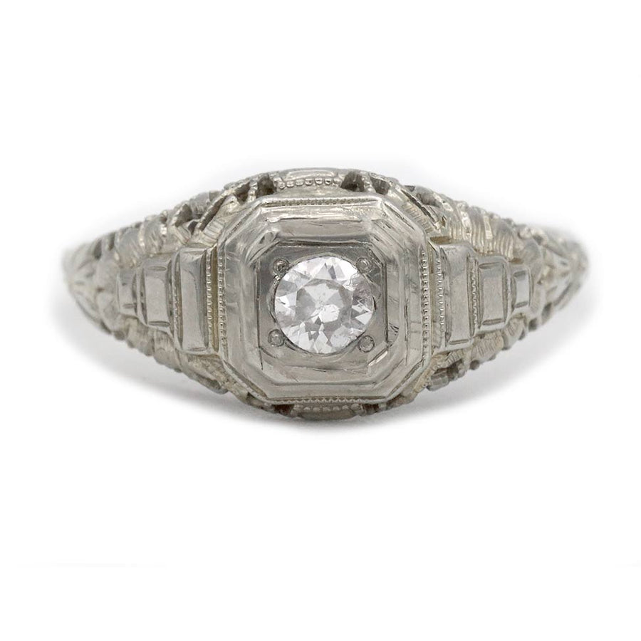 Antique .15ct Old Mine Cut Diamond Solitaire | 18k White Gold Art Deco Engagement Ring
