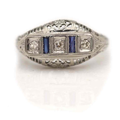 Vintage 3 Stone Diamond & Sapphire Engagement Ring