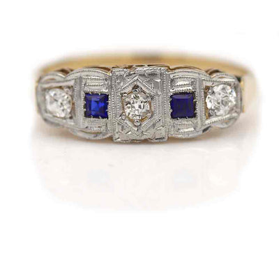 Circa 1920s Antique Old Mine Cut Diamond & Sapphire Wedding Ring