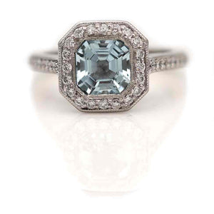 Vintage 1.90 CTW Asscher Cut Aquamarine Diamond Platinum Halo Gemstone Engagement R