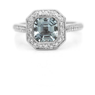 Vintage 1.90 CTW Asscher Cut Aquamarine Diamond Platinum Halo Gemstone Engagement 