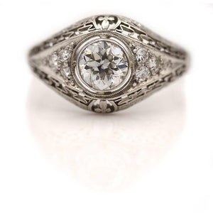 Vintage .82 CTW Platinum Bezel Set Old European Cut Diamond Art Deco Engagement Ring