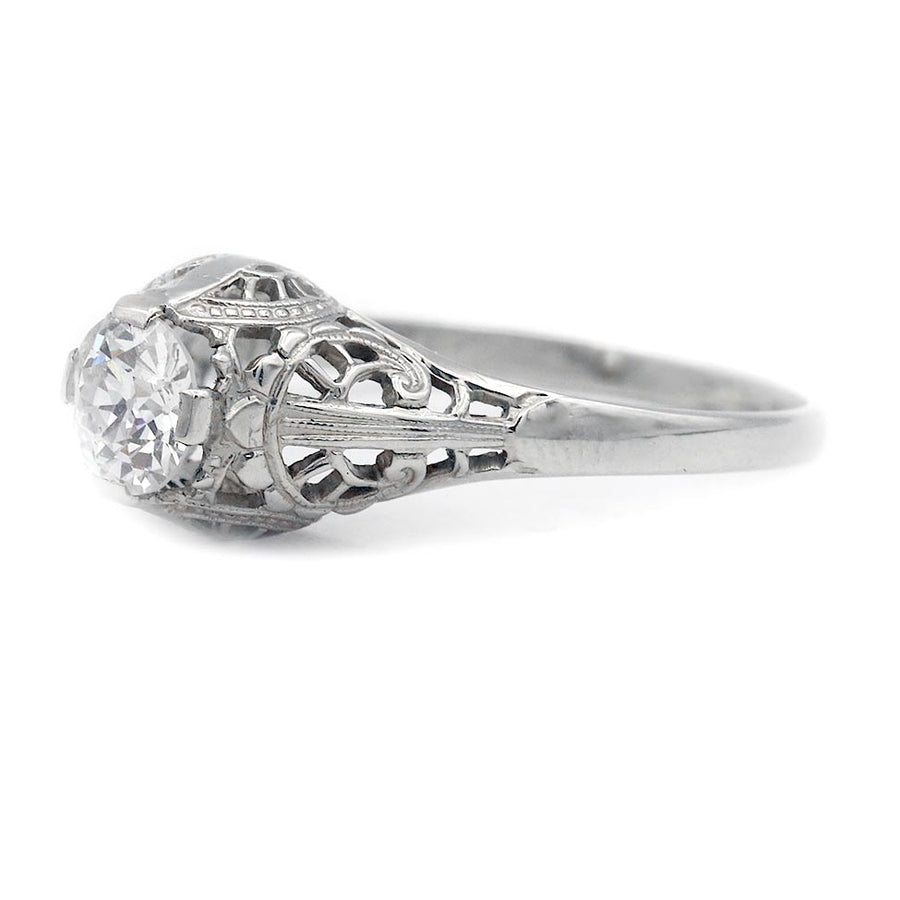 Art Deco .40ct Old European Cut Diamond Solitaire Ring  14K White Gold side view