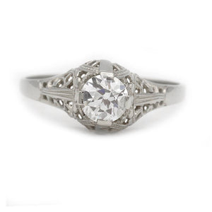 Art Deco .40ct Old European Cut Diamond Solitaire Ring 14K White Gold Filigree Circa 1930s