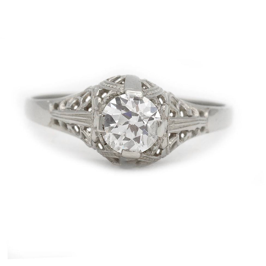 Art Deco .40ct Old European Cut Diamond Solitaire Ring 14K White Gold Filigree Circa 1930s