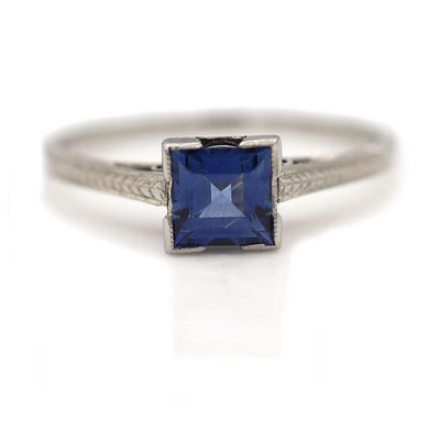Vintage Square Cut Sapphire Solitaire Engagement Ring