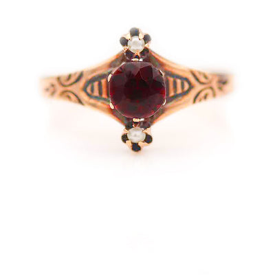 Victorian .60 CTW Round Garnet & Pearl Antique Engagement Ring