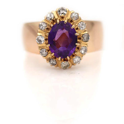 Circa 1900s Victorian Oval Cut Amethyst Halo Engagement Ring
