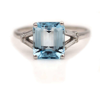 Late Art Deco Aquamarine and Baguette Diamond Engagement Ring