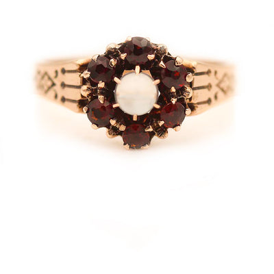 Victorian Moonstone & Garnet Halo Antique Engagement Ring Circa 1900s