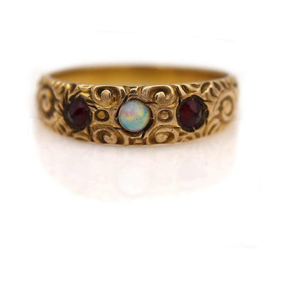 Petite Victorian Opal & Garnet Engagement Ring with Filigree