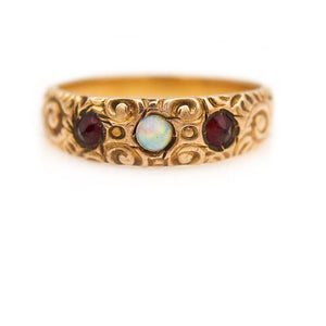 Victorian Opal & Garnet Antique Engagement Ring with Filigree