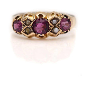 Victorian .85 CTW Purple Garnet & Seed Pearl Gemstone Engagement Ring Circa 1900s