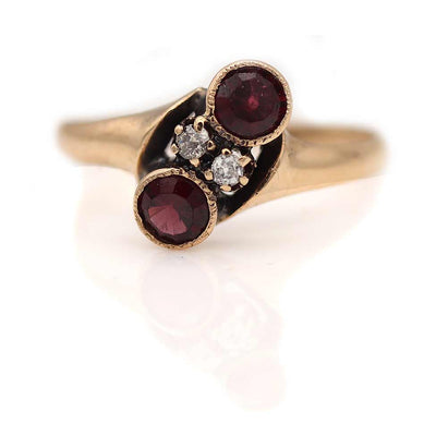 Victorian Twin Stone Garnet & Mine Cut Diamond Engagement Ring Circa 1900's