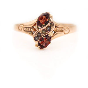 Victorian .35 CTW Twin Stone Garnet & Seed Pearl Antique Engagement Ring 