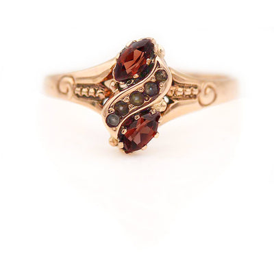 Victorian .35 CTW Twin Stone Garnet & Seed Pearl Antique Engagement Ring 