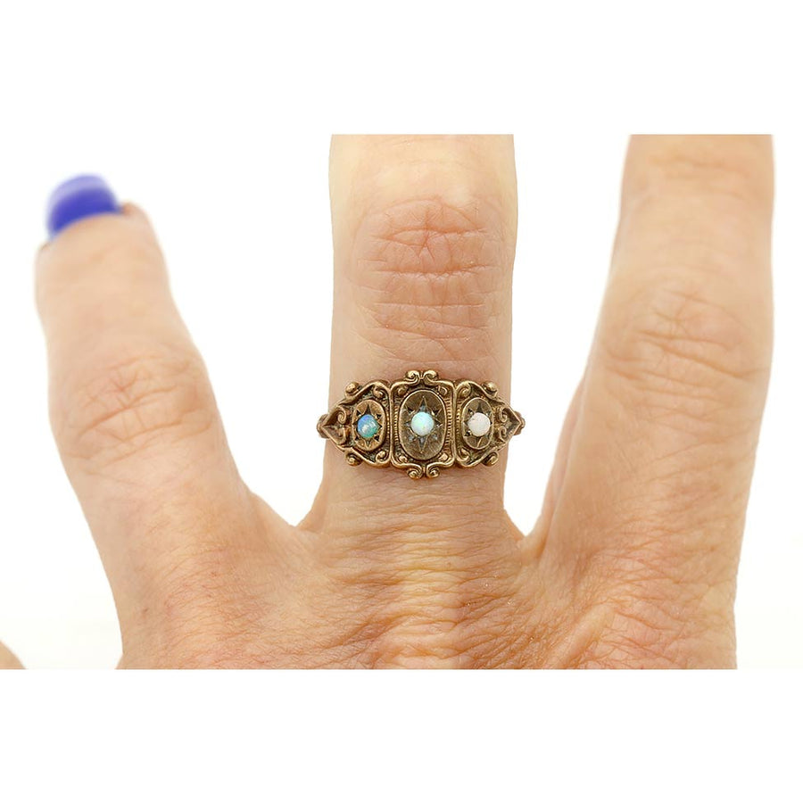 Victorian Three-Opal Starburst Engagement Ring in Rosy Yellow Gold
