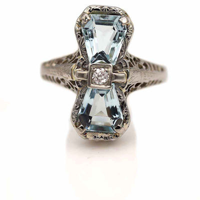 Art Deco Twin Stone Kite Shape Aquamarine and Mine Cut Diamond Engagement Ring