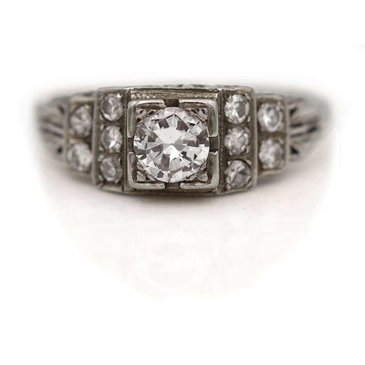 Art Deco Two Tiered Geometric Square Filigree Engagement Ring