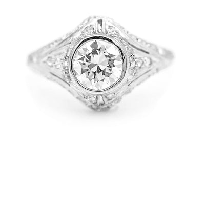 Art Deco 1.52 CTW Bezel Set Old European Cut Diamond Vintage Engagement Ring GIA G/I1