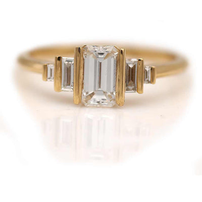 Art Deco Style 18K Emerald Cut & Baguette Diamond Engagement Ring .71 Ct GIA D/SI1