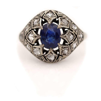 Art Deco Sapphire & Rose Cut Diamond Engagement Ring Platinum