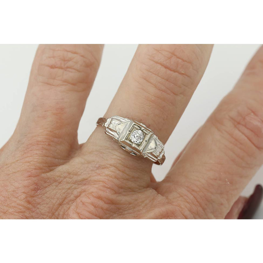 Vintage .20ct Old Mine Cut Diamond 14K White Gold Geometric Solitaire Ring